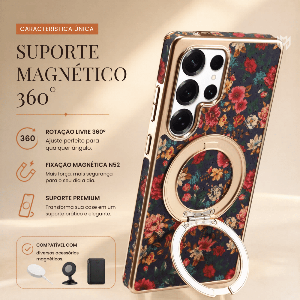 Case Samsung Cortiça Floral e Suporte 360°